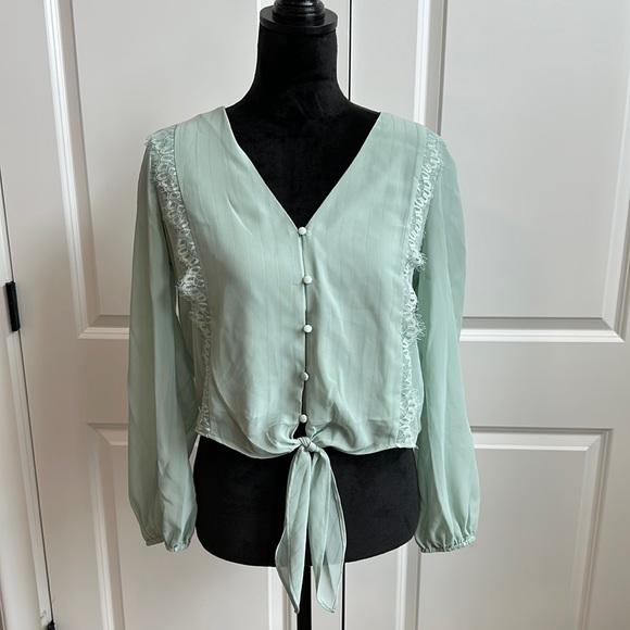 Where Are You From (WAYF) Tops - WAYF Soft Sage Green Lace Trim, Button Down with Front Tie Blouse